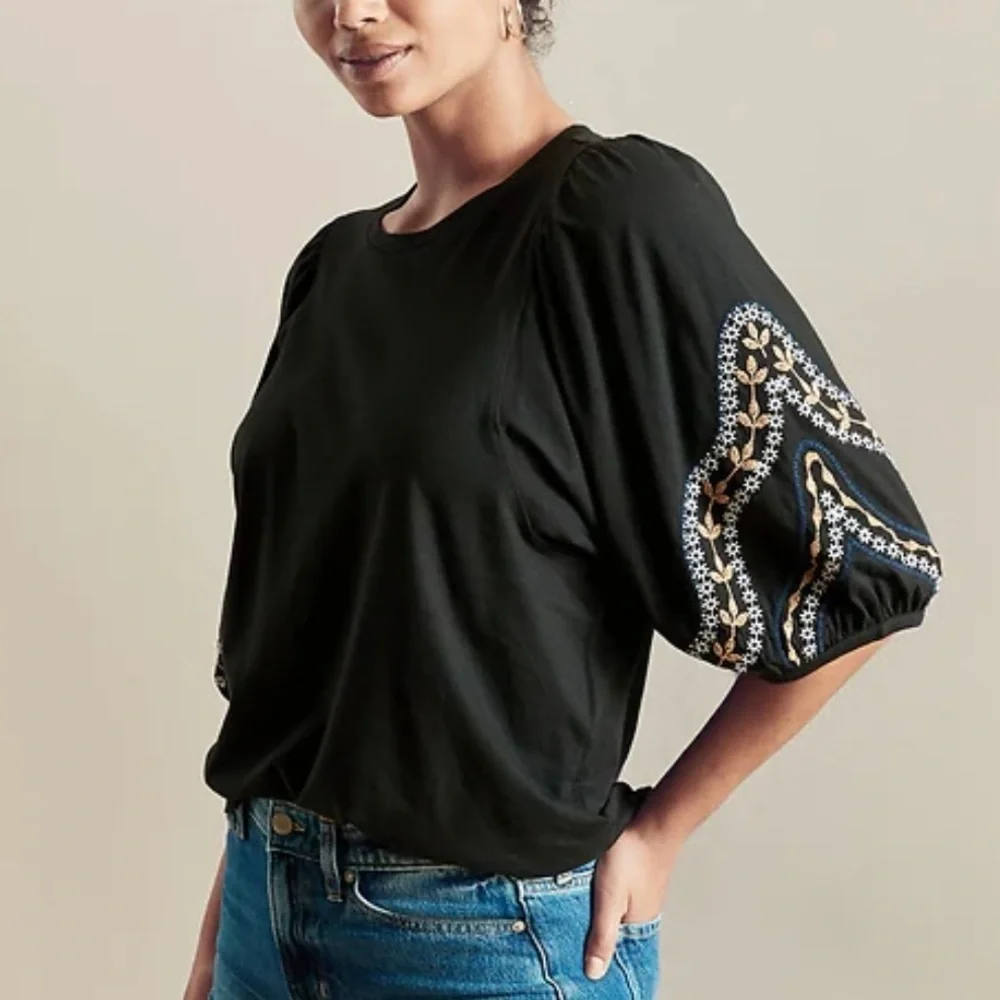 Banana Republic Black Blouse with Embroidered Puff Sleeves